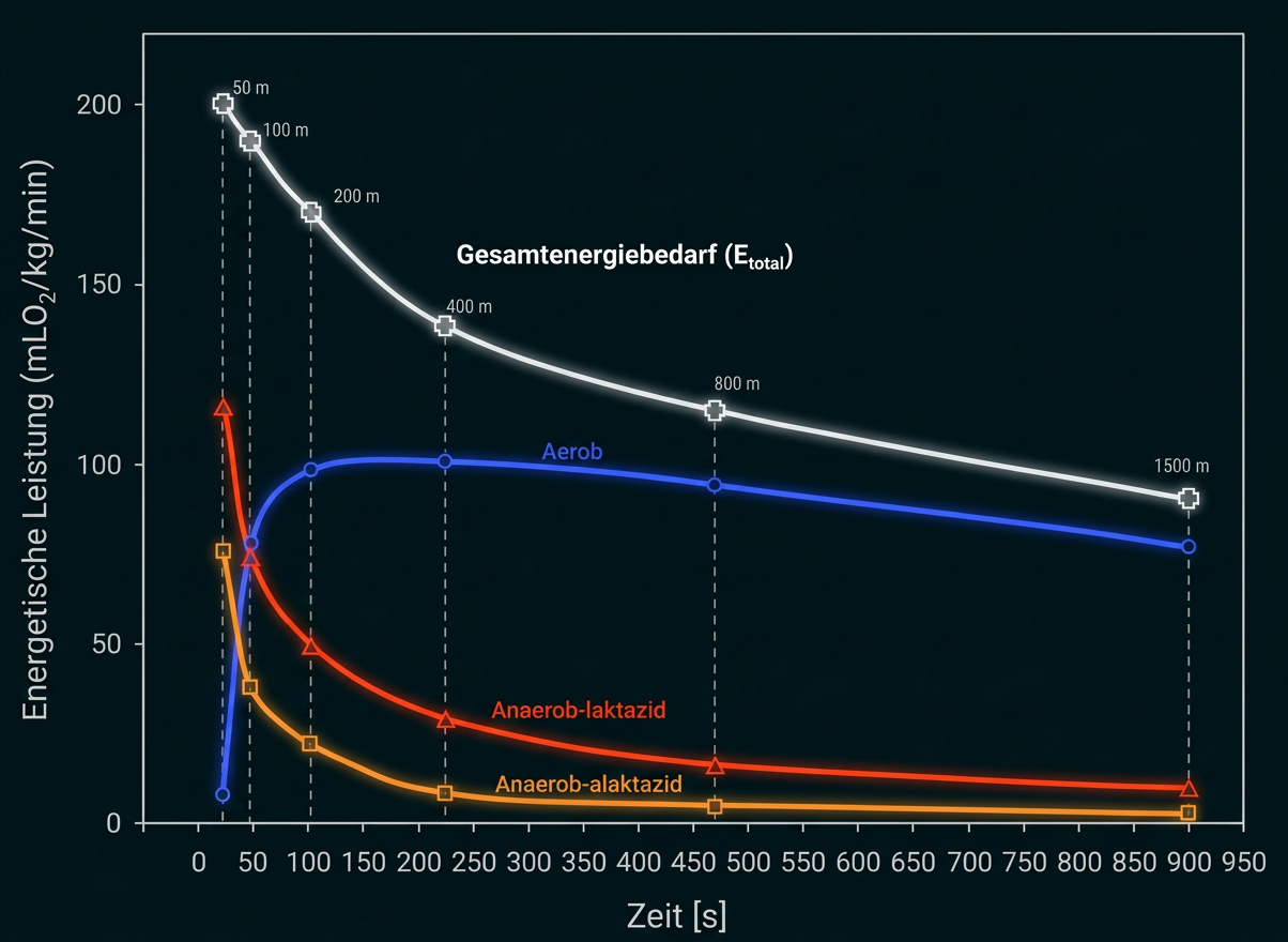 Diagramm zum Verlauf des Gesamtenergiebedarfs und der aeroben sowie anaeroben Energiebereitstellung über die Zeit.